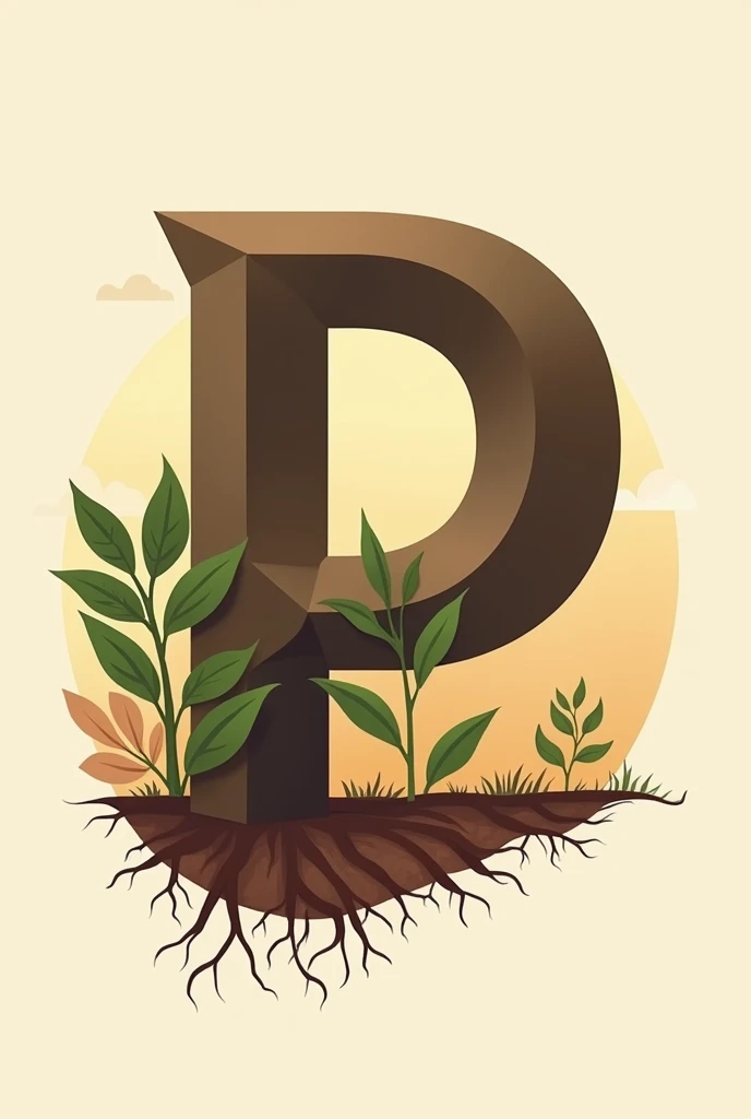 create a logo for a phosphorus in soil event using a P, try to use brown or terracotta and cream colors, place a plant or similar items such as roots and soil next to the P