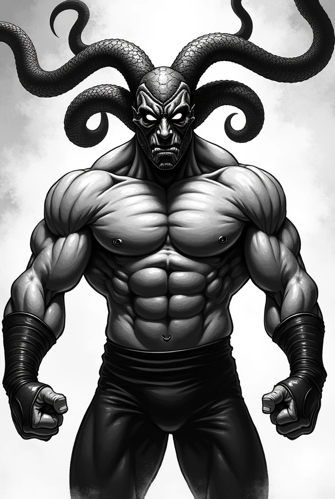 Create a masked wrestler with a good physique, that the mask is inspired by a Hydra. Shows him looking straight ahead in a black and white cartoon style