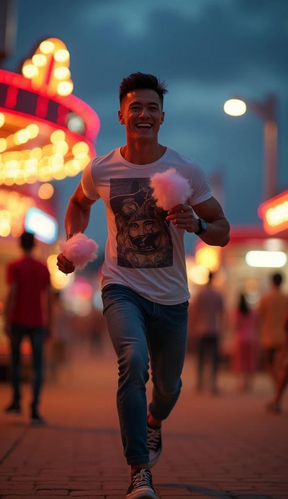 photorealistic, best quality, masterpiece, extremely detailed, sexy, homoerotic, extremely handsome, youthful, 25 year old muscular bruneian malay man, (muscular bodybuilder), fitted graphic print tshirt, tight jeans, big smile, happy, holding out cotton candy towards camera, holding a drink in his other hand, running towards the camera, at funfair carnival, at midnight, ambient lighting, dramatic shadows, extremely romantic atmosphere, perfect face, perfect fingers, perfect hands, perfection