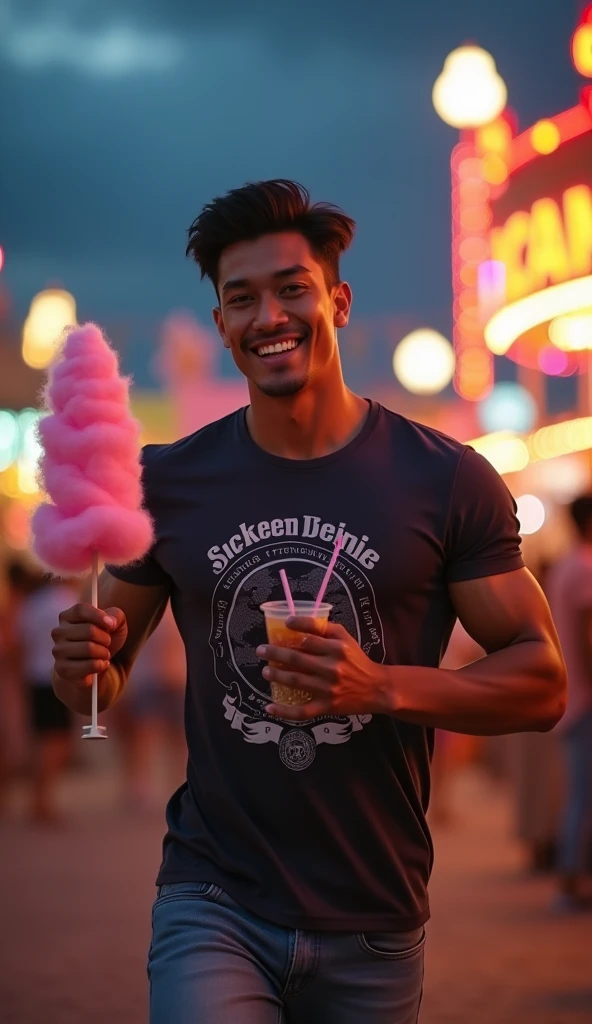 photorealistic, best quality, masterpiece, extremely detailed, sexy, homoerotic, extremely handsome, youthful, 25 year old muscular bruneian malay man, (muscular bodybuilder), fitted graphic print tshirt, tight jeans, big smile, happy, holding out cotton candy towards camera, holding a drink in his other hand, running towards the camera, at funfair carnival, at midnight, ambient lighting, dramatic shadows, extremely romantic atmosphere, perfect face, perfect fingers, perfect hands, perfection