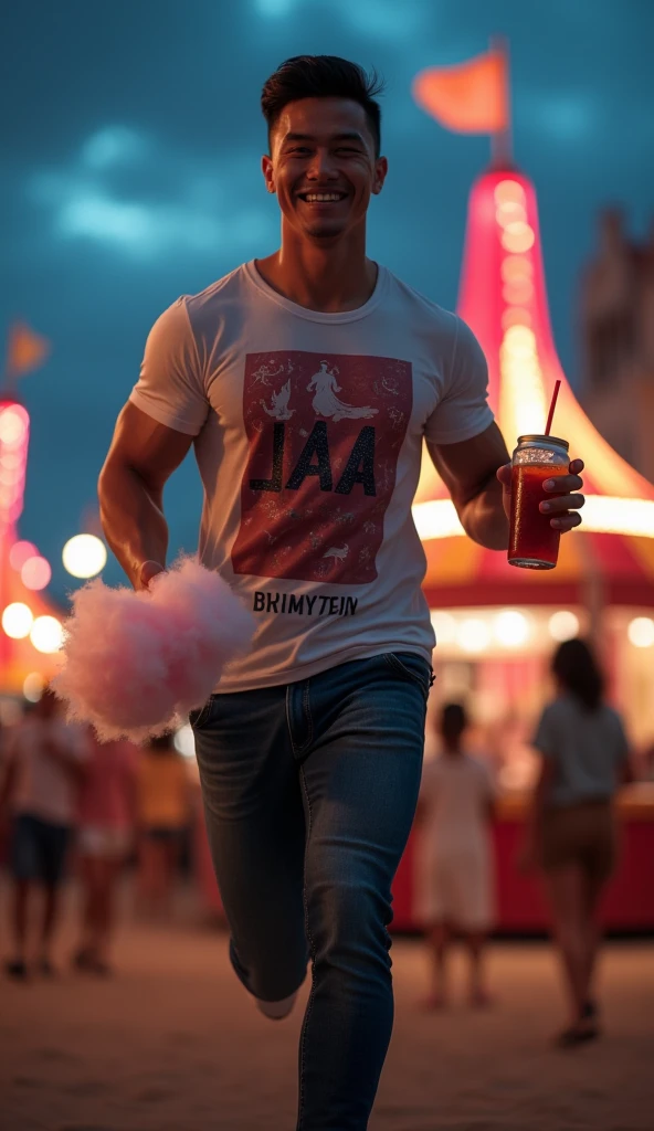 photorealistic, best quality, masterpiece, extremely detailed, sexy, homoerotic, extremely handsome, youthful, 25 year old muscular bruneian malay man, (muscular bodybuilder), fitted graphic print tshirt, tight jeans, big smile, happy, holding out cotton candy towards camera, holding a drink in his other hand, running towards the camera, at funfair carnival, at midnight, ambient lighting, dramatic shadows, extremely romantic atmosphere, perfect face, perfect fingers, perfect hands, perfection