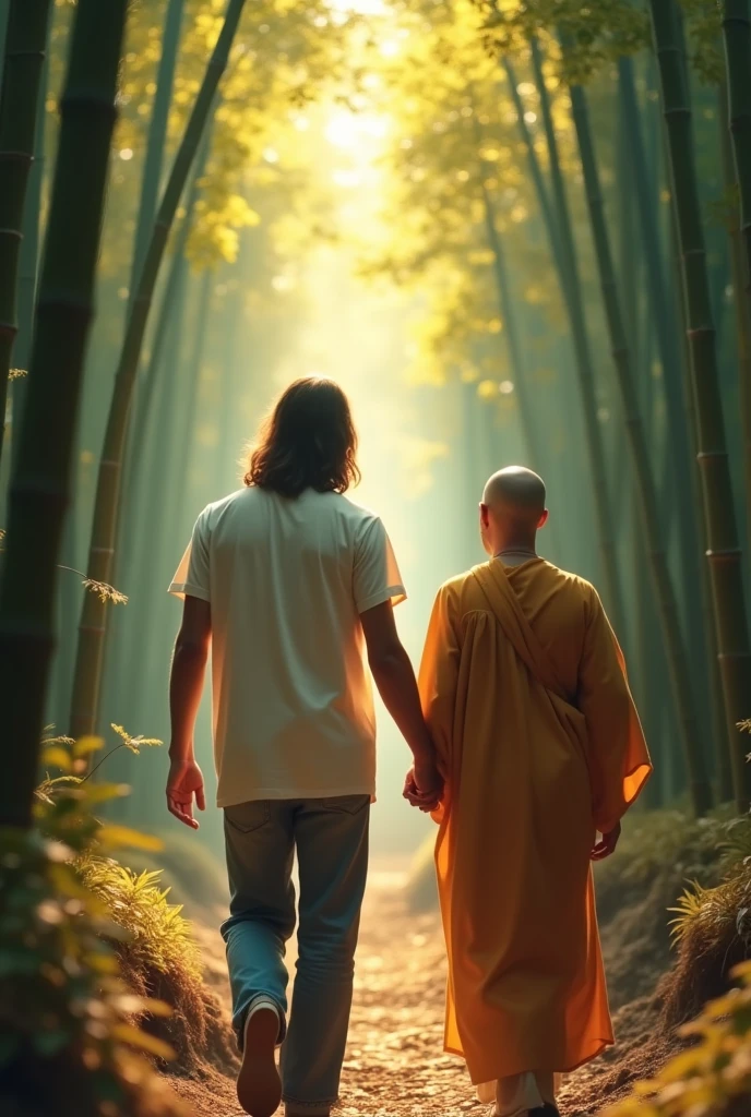Viewed from behind. Jesus Christ and a Japanese man walking through a bamboo forest in Kyoto. they are shining. Surrounded by rainbow-colored light. Jesus is wearing a white T-shirt and blue jeans. Jesus of Nazareth is depicted as a gentle, gentle man with shoulder-length hair. His wavy brown hair cascades over his shoulders. His face conveys deep wisdom and empathy, radiating warmth and understanding. The other man is depicted as a kind-hearted Japanese man with a Buddha-like shaved head and a gentle, cheerful expression. The Japanese man's face conveys deep wisdom and empathy, and as he guides Jesus with his hands, he radiates warmth and understanding. Photography, close-up, highly detailed, trending at the art station, sharp focus, studio shot, intricate details, Greg Rutkowski,