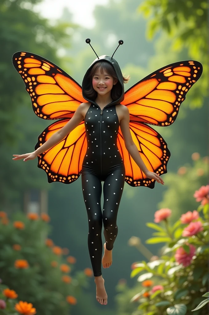 The beautiful asian ager girl with beautiful cheeks wears black beautiful butterfly lycra turtleneck unitard catsuit covered with white seamless polkadots with a pair of large orange butterfly wings and lycra elastane dancewear hood with antennae.She is happy in the garden.She is flying!
