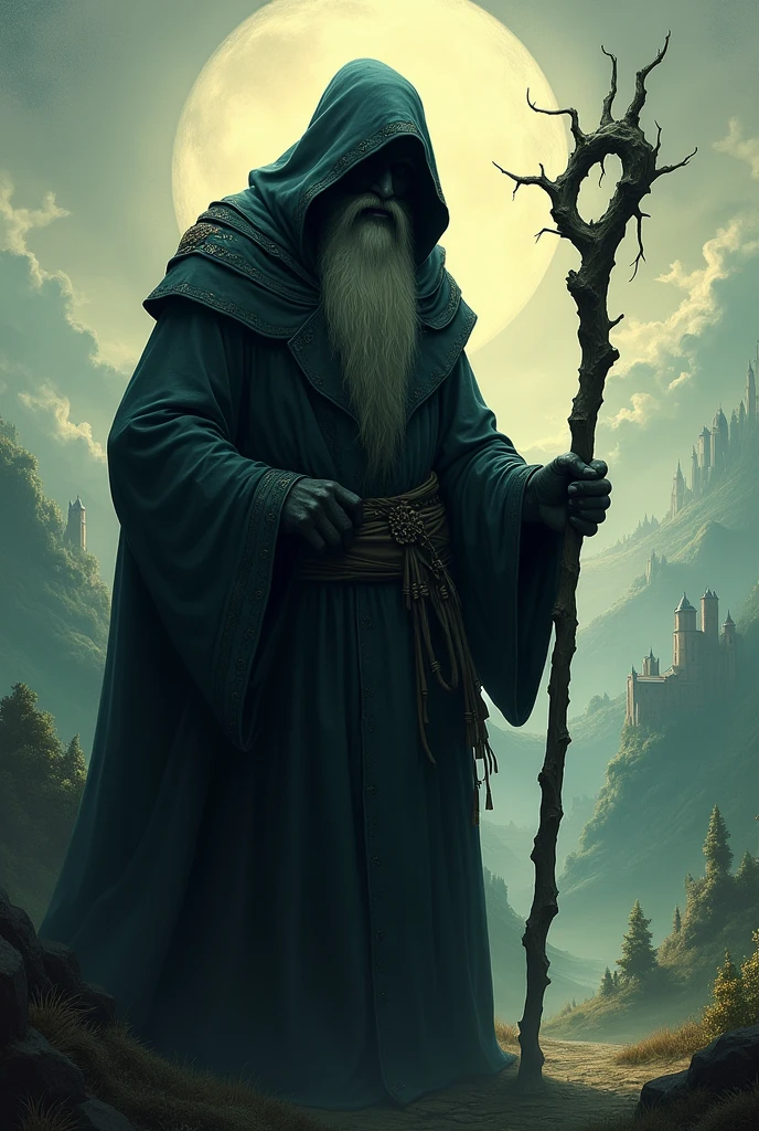 Shadow silhouette of a man dressed in a robe holding a staff, background with landscapes of the past, Ludic