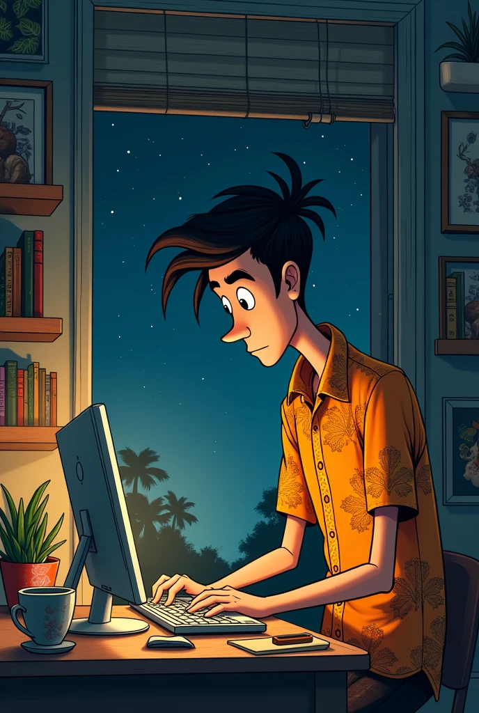 make a cartoon of a tall indonesian man who work on his computer at the night time (make like the picture is not make by a ai)