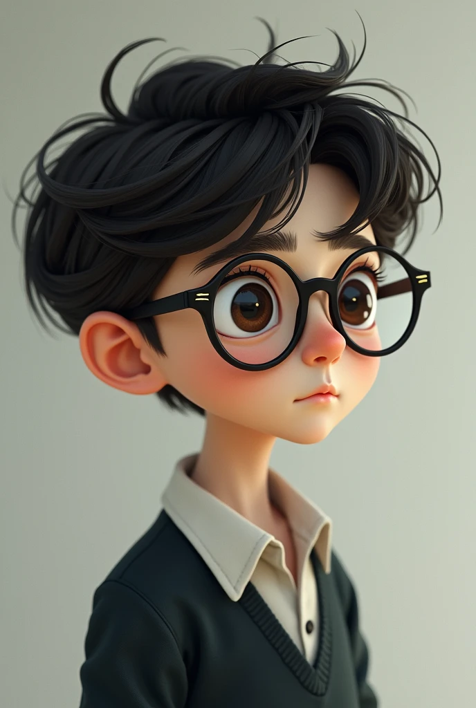 Help me create a boy, with thin black glasses, DARK hair, dark brown eyes, white, and thin