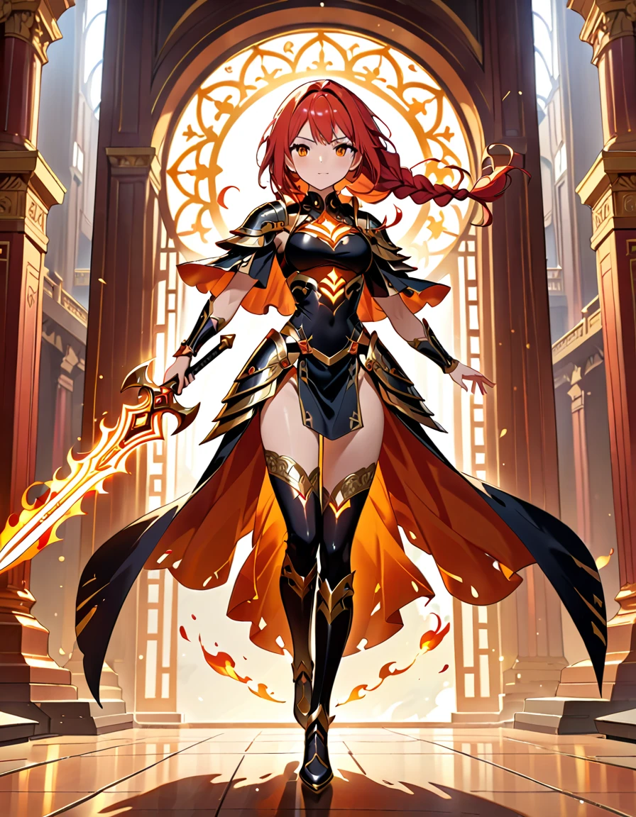 (((masterpiece, best quality, high detailed, 16k))) (1girl) A fierce warrior princess with fiery red hair braided with golden threads, wearing a dazzling suit of obsidian armor decorated with intricate gold filigree. Her piercing amber eyes burn with intensity as she wields a double-edged sword that glows with a mystical light. ((full body view))