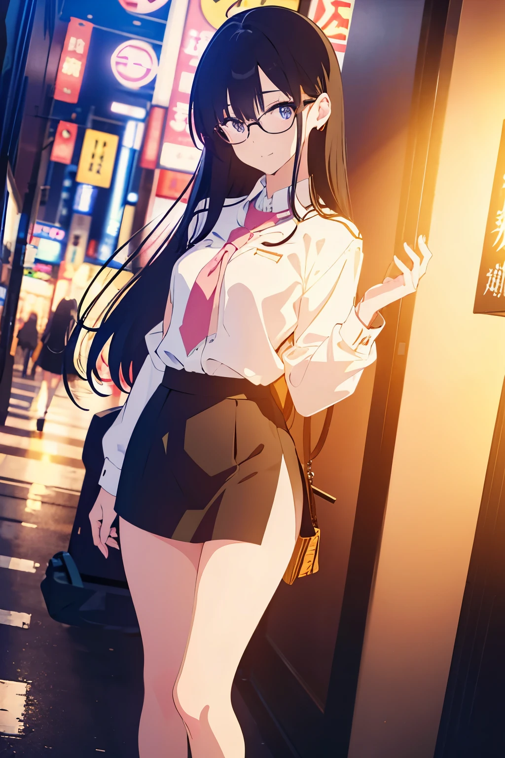 (Best Quality)), ((masterpiece)), (detailed), 1 girl, long black hair, defined nose, beautiful eyes, sandals, blue eyes, piernas slims, beautiful legs, jewelry chain, slim, small breasts, 25 years, sexy girl, piernas slims, glasses, glasses redondos, medium breasts, slim, Tokyo streets, black skirt, black skirt, Tokyo streets por la noche, long sleeve shirt, Office girl, streetlights on, White skin, discreet smile, NSFW, yellow lights, Japanese stores, Whole body. korean style, tall girl. tall. pink lips. head on. ((vista head on)) ((standing)) short girl. small stature. Slim girl.