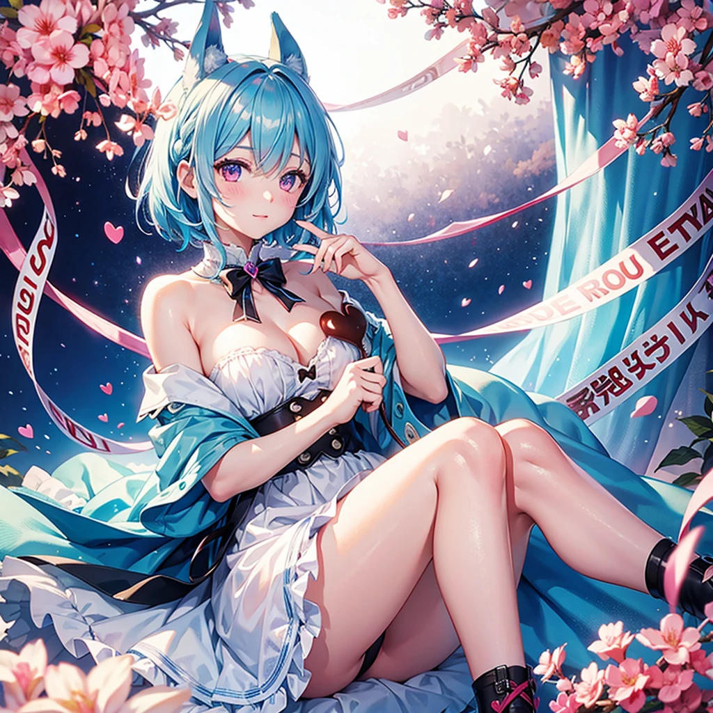 Sky Blue Hair、Braided Short Hair、Pink Eyes、Fair skin、whole body、One person、Shy、Lots of hearts in the background、(Heart-shaped chocolate)、Chocolate Fairy、valentine&#39;s day、masterpiece、Highest quality、Very detailed、Best Shadow、Detailed Background、Beautifully detailed face、High contrast、Best lighting、Very delicate and beautiful、Cinematic light、Hyper Detail、8k、Dramatic Light、Exquisite detail、