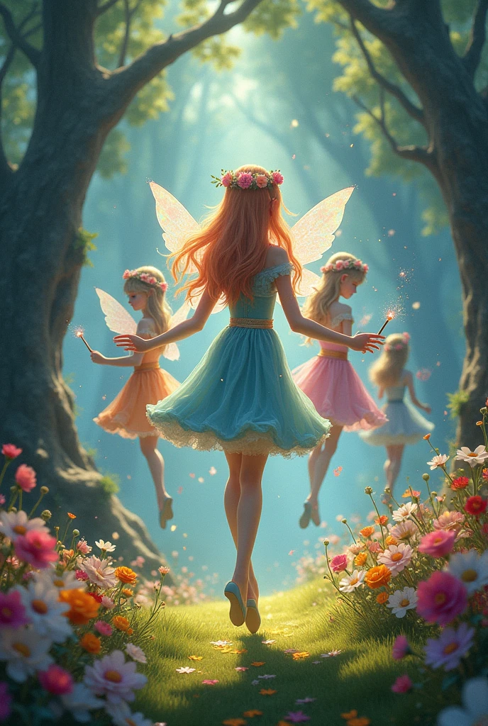 vibrant and enchanted fairy tale design. forest very full of colorful flowers. large old trees in the background, with grass covering. appear in the background, very far away, several thin women floating in the sky, They have elf ears and very long colored hair, wear a flower crown on their head, has holographic wings, dresses of different colors, ballerina slippers with satin ribbon across the leg, radiate magical light, hold wands in their hands and sprinkle magical, glittering dust on the flowers