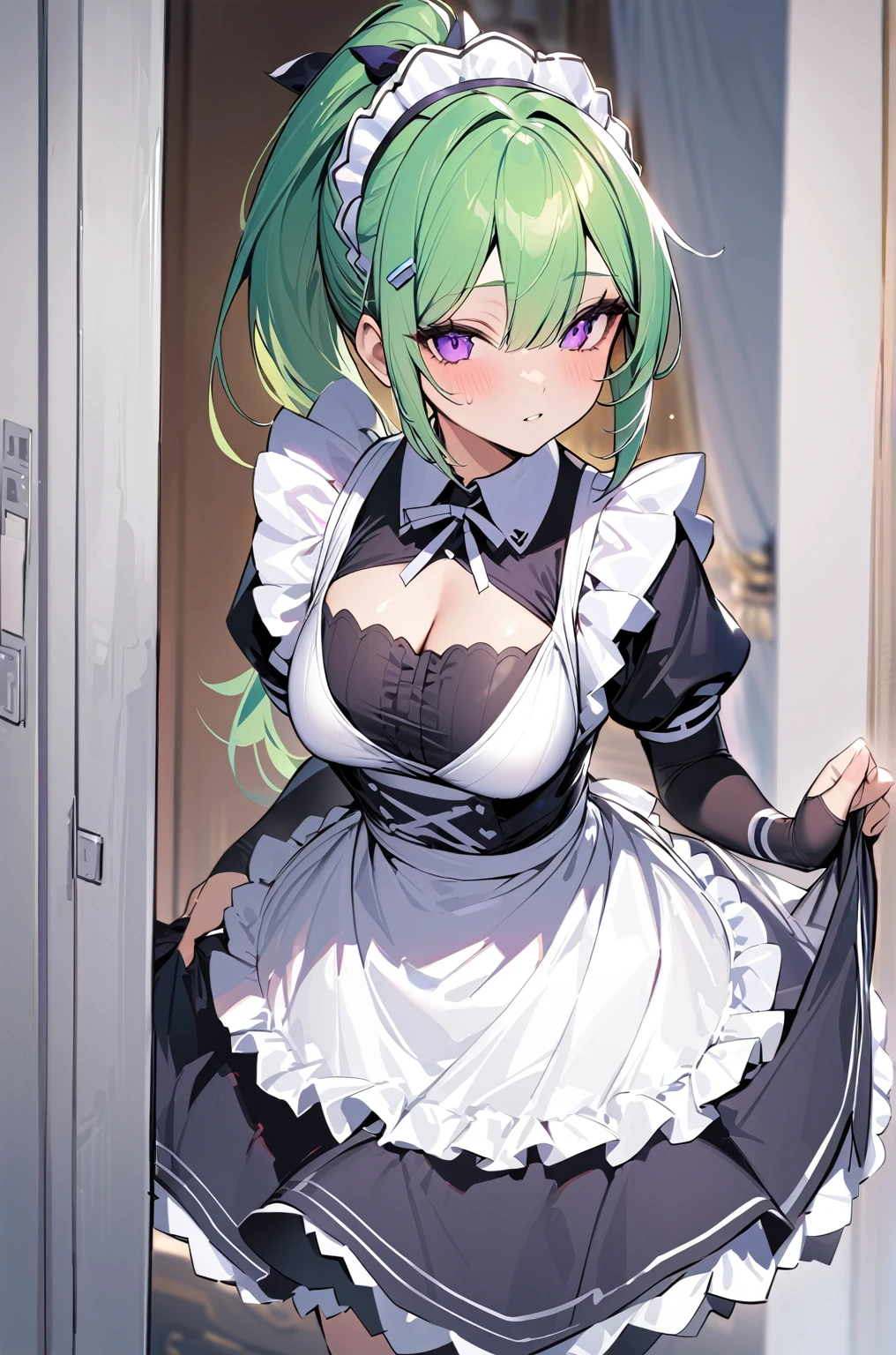 best quality, masterpiece, highres, solo, {maid:1.40}, {long maid dress:1.15}, green_hair, purple_eyes, bangs, ponytail, hair_between_eyes, hair_ornament, breasts