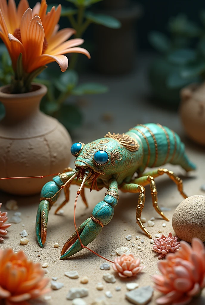 Un Trésors Perdu, Joaillerie, Bijoux, Pierre Precieuse, Unique Joyaux d'une Langouste-Porcelaine Multicolors (Odontodactylus Scyllarus) Bijoux de Haute Précision de Haute Qualité Remarquable. Sur un sol au Sable fin. Avec pleins d' Amphores Romaines et de Colliers Phénecien Autour. Faunes et Flores Couleur Détaillée. (Coq la Kour.) [Réalistic Photographie Haute Réalisme]