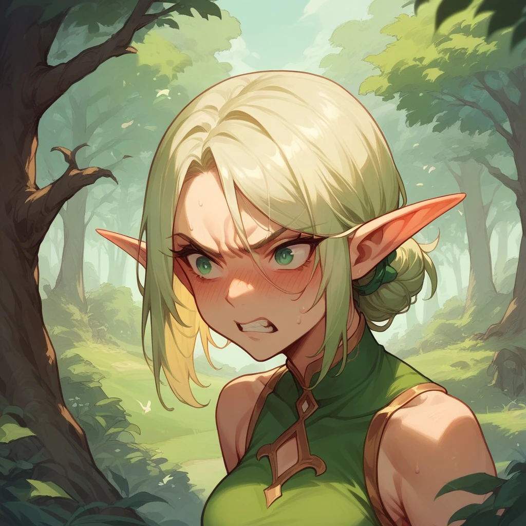 elf woman, Whole body, angry with a blushing face, In the background a forest with many trees