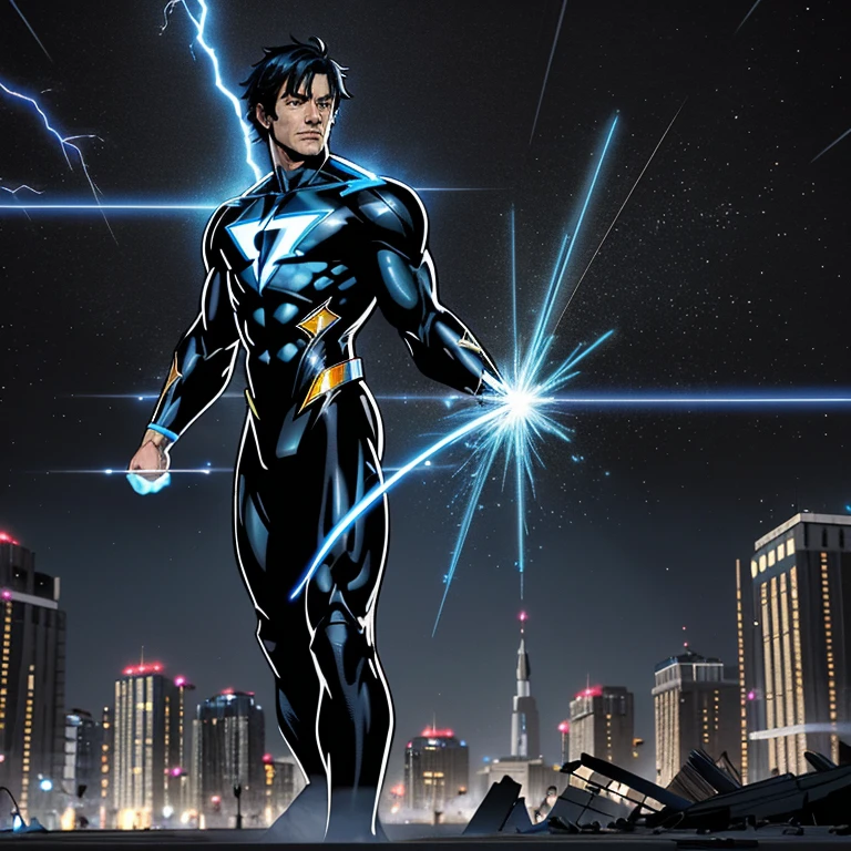 (Young man in body-soul with blue and black lightning particles being emitted around him), 3D rendering, movie special effects, film lighting, city in ruins, clean HD, 8K resolution, very detailled, digitalpainting, conceptual artwork, Shinkai Makoto style, Pop Popularization Trend, pop, Pop trend, Pop trend on pixiv.