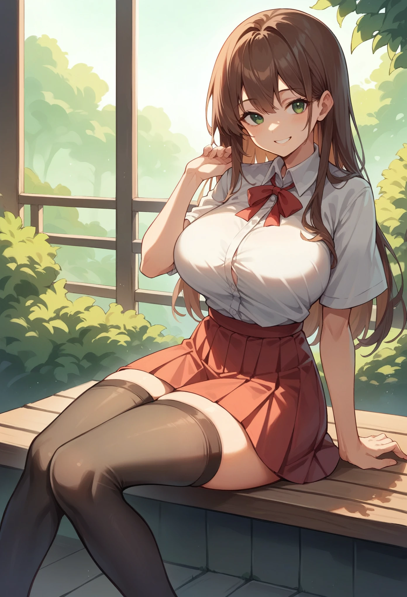 nsfw、(((solo)))、(((Big Breasts)))、squat、Legs wide open、Crotch wide open、White mesh panties exposed、Cameltoe、Picking up her skirt to expose her crotch、Brown eyes、Brown Hair、hair ornaments、Long Hair、Green plaid skirt、White shirt、Yellow sweater vest、Masterpiece highest quality high resolution、Anna Tanaka、Long Hair、Sit with your knees bent、8 heads、Beautiful feet、at school、As if looking up from below、Embarrassing、nsfw、White panties、Cameltoe