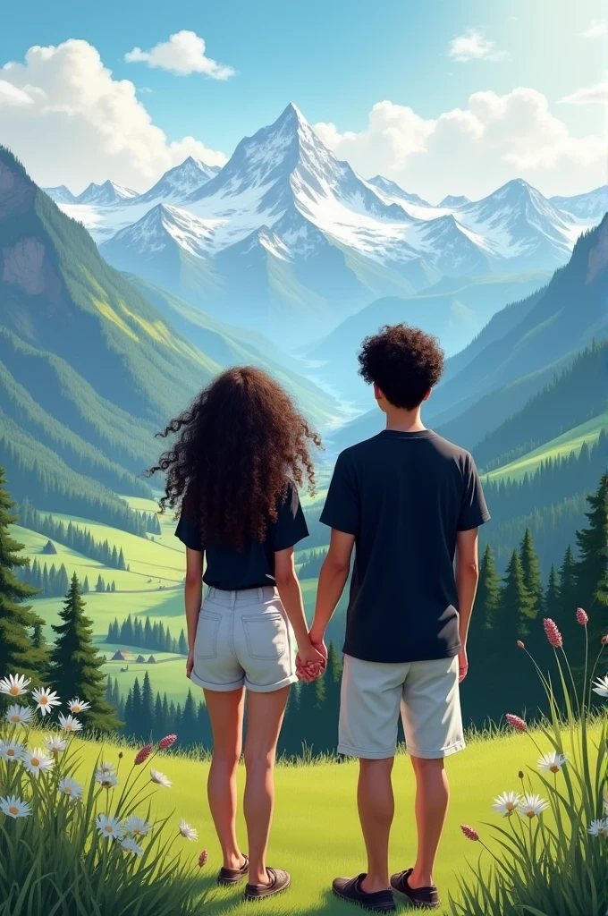 Couple holding hands, facing away from a landscape in Switzerland, girl with curly hair, black blouse, white shorts, boy with short black curly hair, black shirt, white shorts