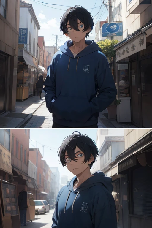 A man portraying an emotional noob wearing a hoodie, slightly confused or thoughtful expression, but with a touch of determination, clothes in the shade of blue, large, expressive eyes, perhaps with subtle dark circles. create four versions with different reactions and expressions