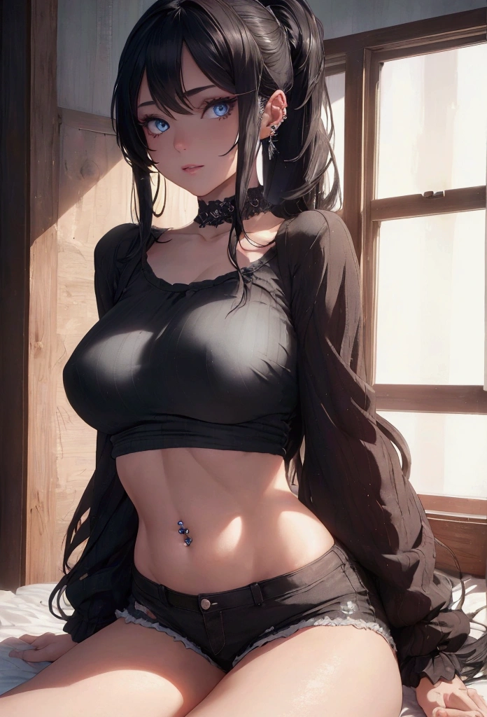 a beautiful girl with long black hair, piercing blue eyes, adult female body, sitting on the bed in a room, facing the camera, in a sexy pose, wearing hair ties, short shorts and a low-cut blouse that shows her large breasts and big, round ass, pert ass straight at the camera, ponytail, wearing earrings and navel piercing (best quality, 4k, 8k, high resolution, masterpiece: 1.2), ultra-detailed, (realistic, photorealistic, photorealistic : 1.37), extremely detailed eyes and face, long eyelashes, detailed hair strands, detailed fabric textures, dramatic lighting, warm color palette