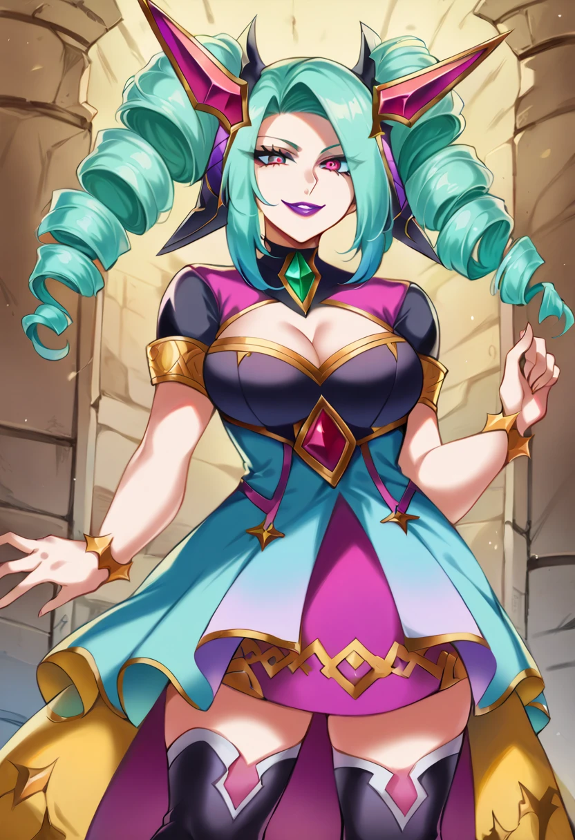 score_9, score_8_up, score_7_up, source_anime BREAK 1girl, solo, gwen \(league of legends\), aqua hair, drill hair, symbol-shaped pupils, dress, thighhighs, cleavage, parted lips, lipstick, very long hair, looking at viewer, smile