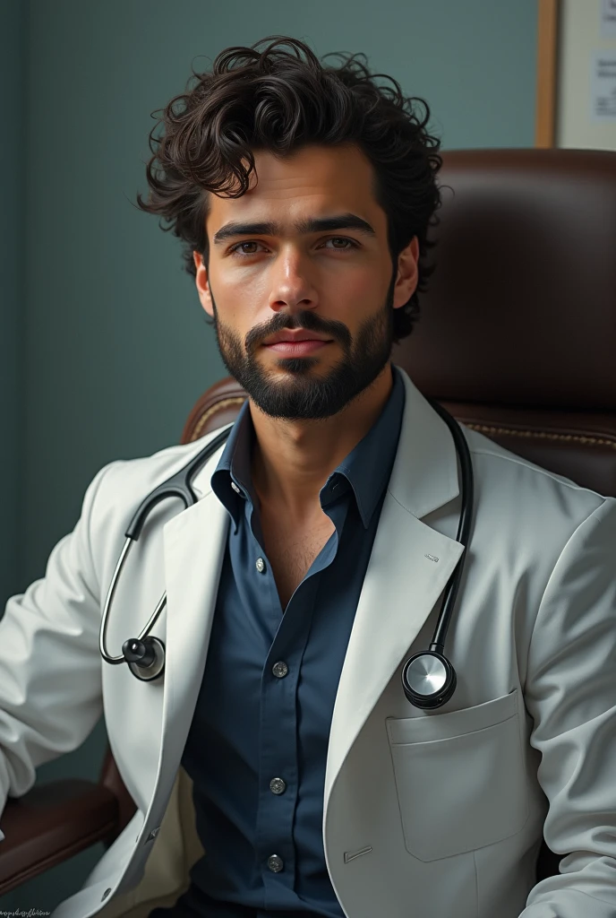 A young man with curly hair with long beard and attractive dress up sitting in the chair looks like a doctor

