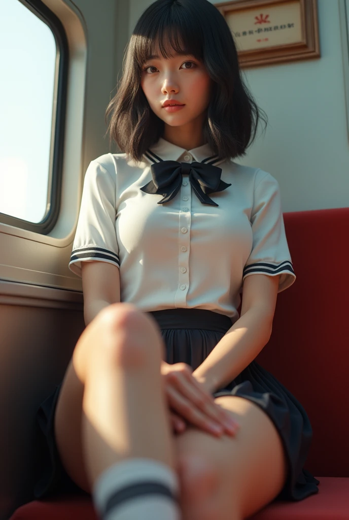 low angle shot,wearing short skirt、Fed Asian woman in bow tie sitting on train, cute schoolgirl, japanese schoolgirl, wearing japanese school uniform, japanese school uniform, a hyperrealistic schoolgirl, Dress up as a schoolgirl, hyperrealistic schoolgirl, Wearing school uniform, realistic schoolgirl, Girls wear, Wearing school uniform, consisting of a female student, whole body, Good skin, glowing skin, beautiful thighs,glowing thighs, Glowing legs