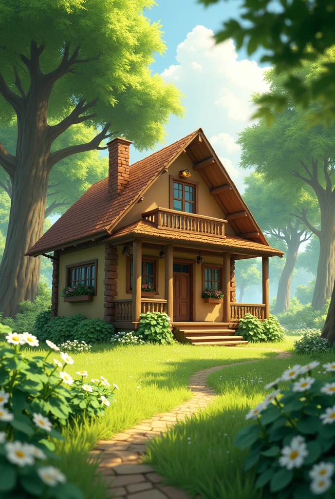 A beautiful two-story square cabin with a balcony, surrounded by green flowers and clovers