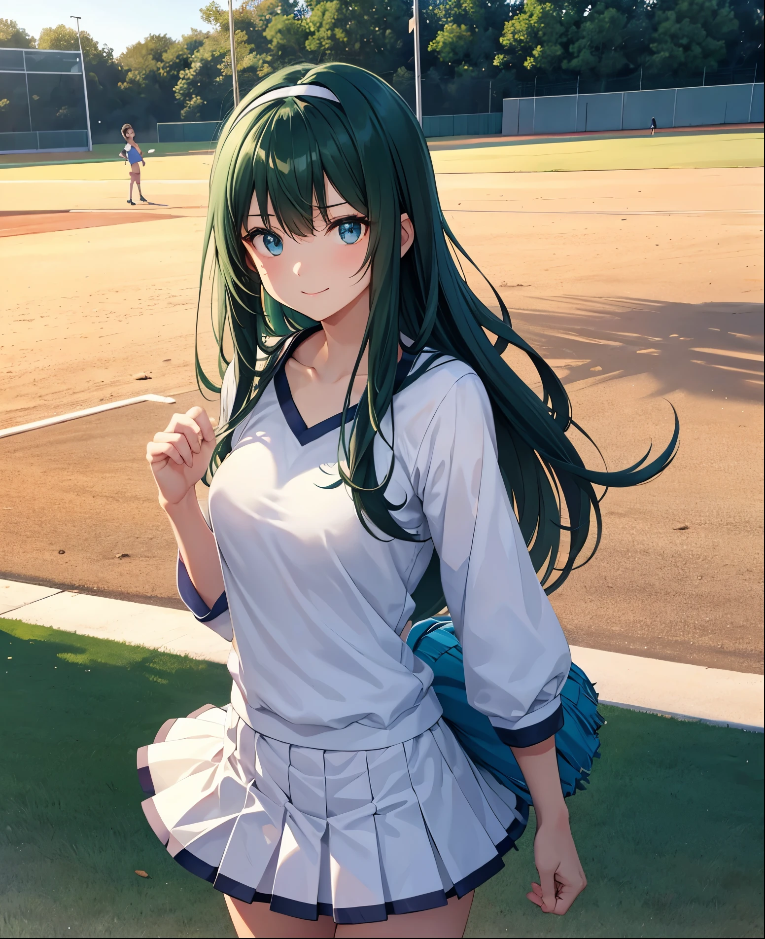 One Girl,.
voluminous dark green hair, dark green hair, long straight hair, big droopy eyes, blue eyes, facing front, mature expression, droopy eyes, jumping, sparkling eyes, focus on face, fresh smile, wearing white hair band, big droopy eyes, blue eyes, five fingers  Cheerleader, cheerleader uniform, cheering for baseball team, baseball field in background, five fingers, two hands, slender fingers, focus on face, front view, red eyes, no shadow on background, high quality, no shadow on background high quality