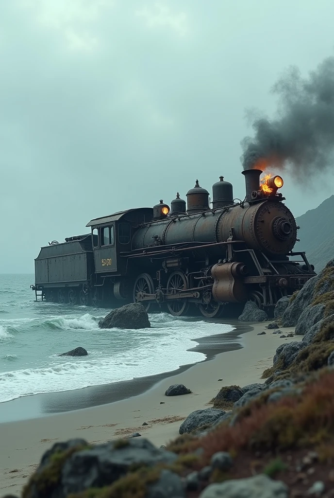 (Photo realism) old vapor train, without rails, crashed on its side, on beach, destroyed on rocks, on fire, outdoors, soft lighting, sea in background, realistic, intricate details, cold colors