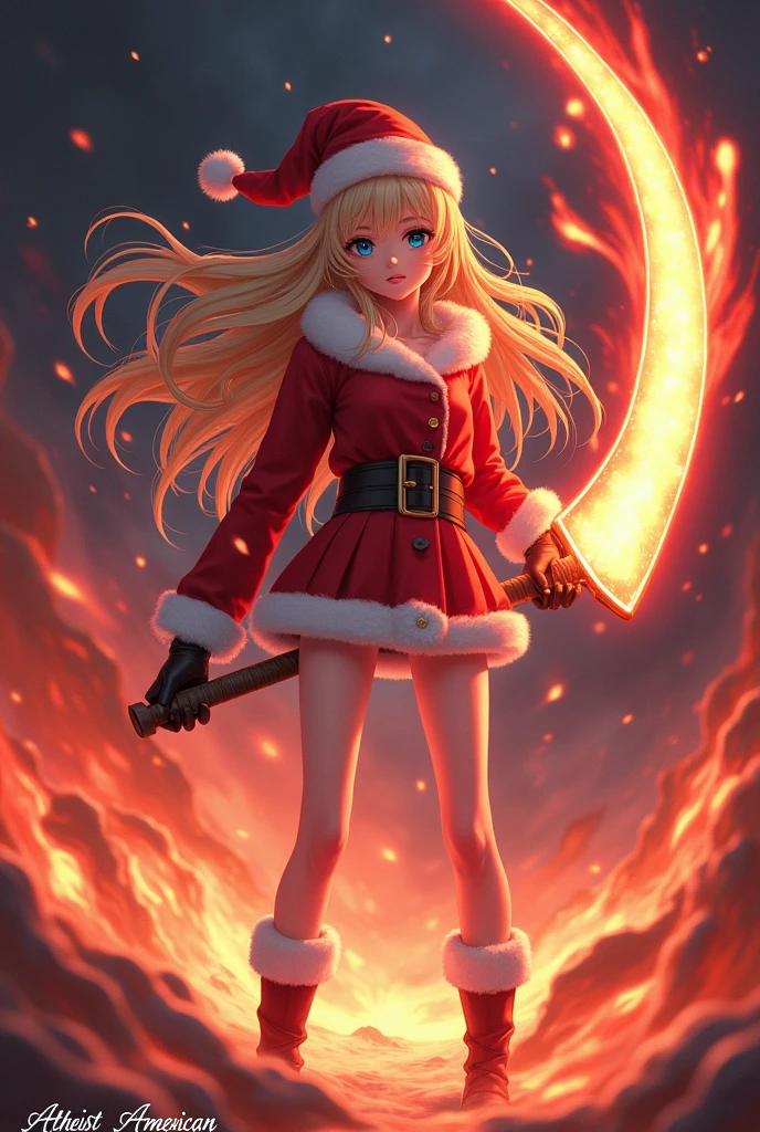 Digital artwork featuring an anime-style character. The character is a young woman with long blonde hair, styled in loose waves, and blue eyes. She is dressed in a red, Santa-inspired outfit with white fur trim, including a short dress, gloves, and boots. She holds a large, red, scythe-like weapon with a glowing blade, surrounded by fiery, magical effects. The background is dark with red and orange flames, adding a dramatic and intense atmosphere. The image includes text in the bottom left corner, 'Atheist-American' in white, and in the bottom right corner, 'ArtVision' in white cursive font., anime, UHD, masterpiece, anatomically correct, super detail, best quality, textured skin, award winning, 4K