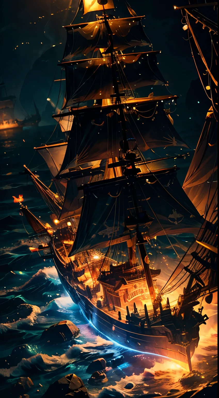Ultra long top view of a pirate ship in the sea with glowing effects (Bokeh effect) (fire Fly)