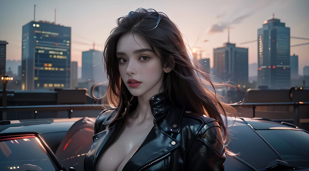 ((masterpiece, best quality, Highest image quality, high resolution, Reality, RAW photos, 8K)), Bustling future city night scene,Girl standing on the roof,Tight leather jacket,Off-shoulder,Large Breasts,Long hair,Pretty face,Closed mouth,dramatic,Upper Body,(midnight)