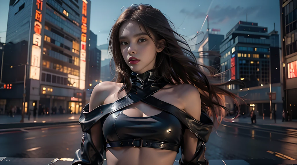 ((masterpiece, best quality, Highest image quality, high resolution, Reality, RAW photos, 8K)), Bustling future city night scene,Girl standing on the roof,Tight leather jacket,Off-shoulder,Large Breasts,Long hair,Pretty face,Closed mouth,dramatic,Upper Body,(midnight)