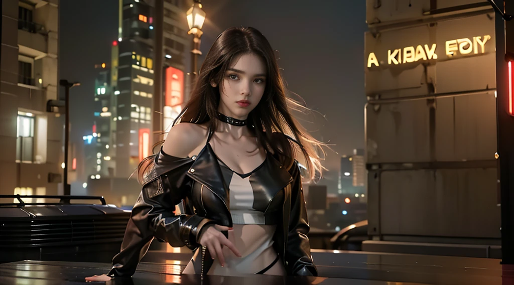 ((masterpiece, best quality, Highest image quality, high resolution, Reality, RAW photos, 8K)), Bustling future city night scene，Girl standing on the roof，Tight leather jacket，Off-shoulder，Large Breasts，Long hair，Pretty face，Closed mouth，dramatic，Upper Body，（midnight）