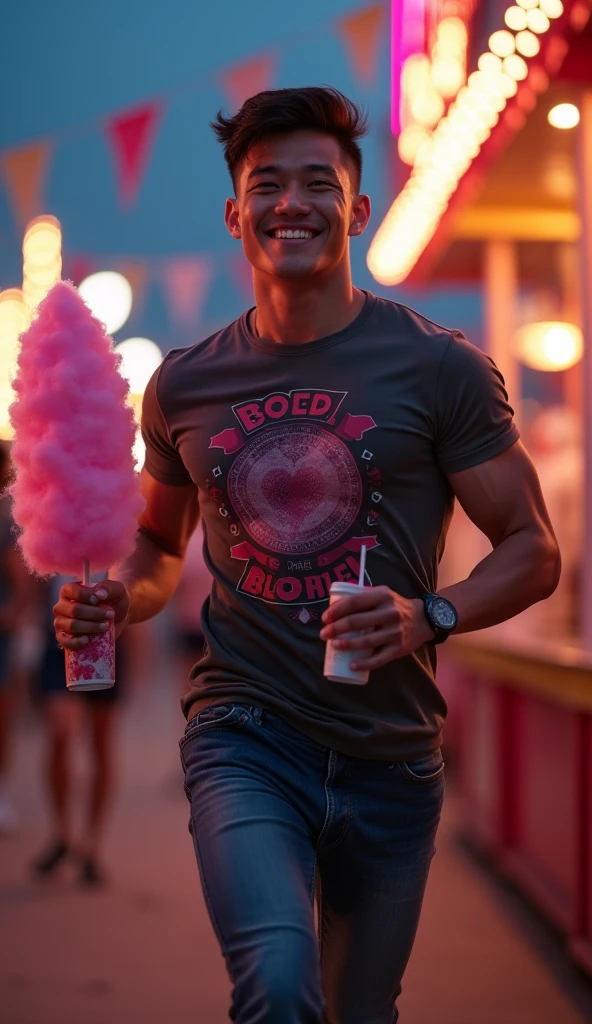 photorealistic, best quality, masterpiece, extremely detailed, sexy, homoerotic, extremely handsome, youthful, 25 year old muscular bruneian man, (muscular bodybuilder), fitted graphic print tshirt, tight jeans, big smile, happy, holding out cotton candy towards camera, holding a drink in his other hand, running towards the camera, at funfair carnival, at midnight, ambient lighting, dramatic shadows, extremely romantic atmosphere, perfect face, perfect fingers, perfect hands, perfection