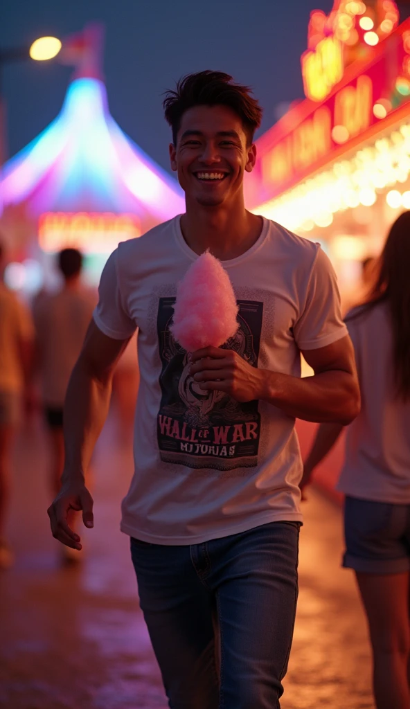 photorealistic, best quality, masterpiece, extremely detailed, sexy, homoerotic, extremely handsome, youthful, 25 year old muscular bruneian man, (muscular bodybuilder), fitted graphic print tshirt, tight jeans, big smile, happy, holding out cotton candy towards camera, holding a drink in his other hand, running towards the camera, at funfair carnival, at midnight, ambient lighting, dramatic shadows, extremely romantic atmosphere, perfect face, perfect fingers, perfect hands, perfection