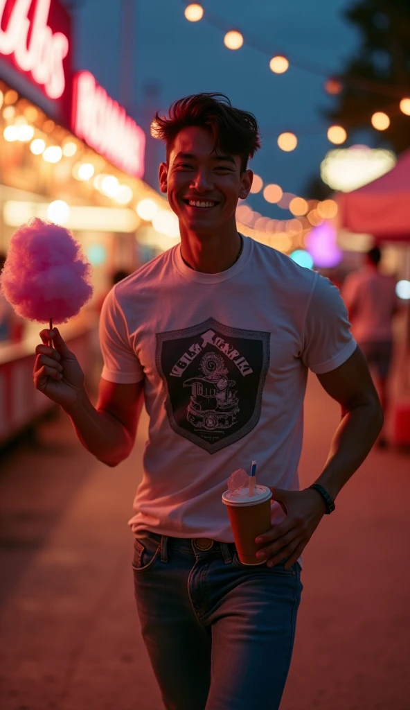 photorealistic, best quality, masterpiece, extremely detailed, sexy, homoerotic, extremely handsome, youthful, 25 year old muscular bruneian man, (muscular bodybuilder), fitted graphic print tshirt, tight jeans, big smile, happy, holding out cotton candy towards camera, holding a drink in his other hand, running towards the camera, at funfair carnival, at midnight, ambient lighting, dramatic shadows, extremely romantic atmosphere, perfect face, perfect fingers, perfect hands, perfection