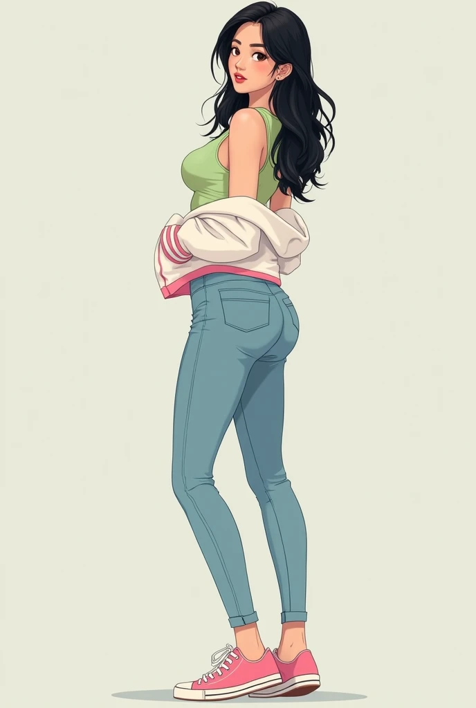 Woman in real life, on your back but turning backwards , with medium breasts, round butt a little big, black eyes and hair, young, slim and good body, White skin, beautiful face, thin lips and small round nose, with good legs . With her outfit of light blue skinny jeans, pastel pink tennis shoes, pistachio green blouse and white jacket with small, light pink tones,without closing the jacket.
