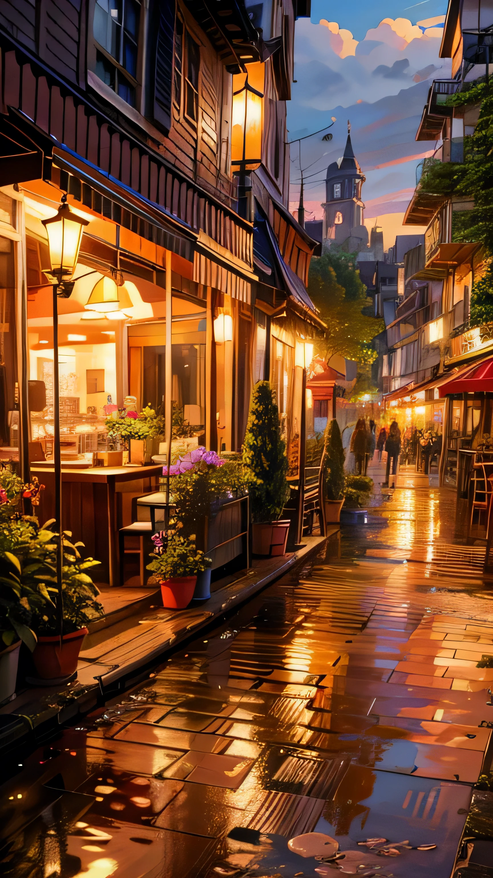 Painting of the restaurant area, Beautiful night view, Beautiful, calming, lo-fi vibe,Bushes,Flowers, plant, Golden Hour,Hanging street light , Wet day ,evening,4k hd, cloud, stage,Beautiful Art UHD 4K, Beautiful artwork illustration, Beautiful digital painting, Highly detailed digital painting, Beautiful digital art, Detailed painting 4k, Highly detailed digital painting, Rich, picturesque colors, Gorgeous digital painting