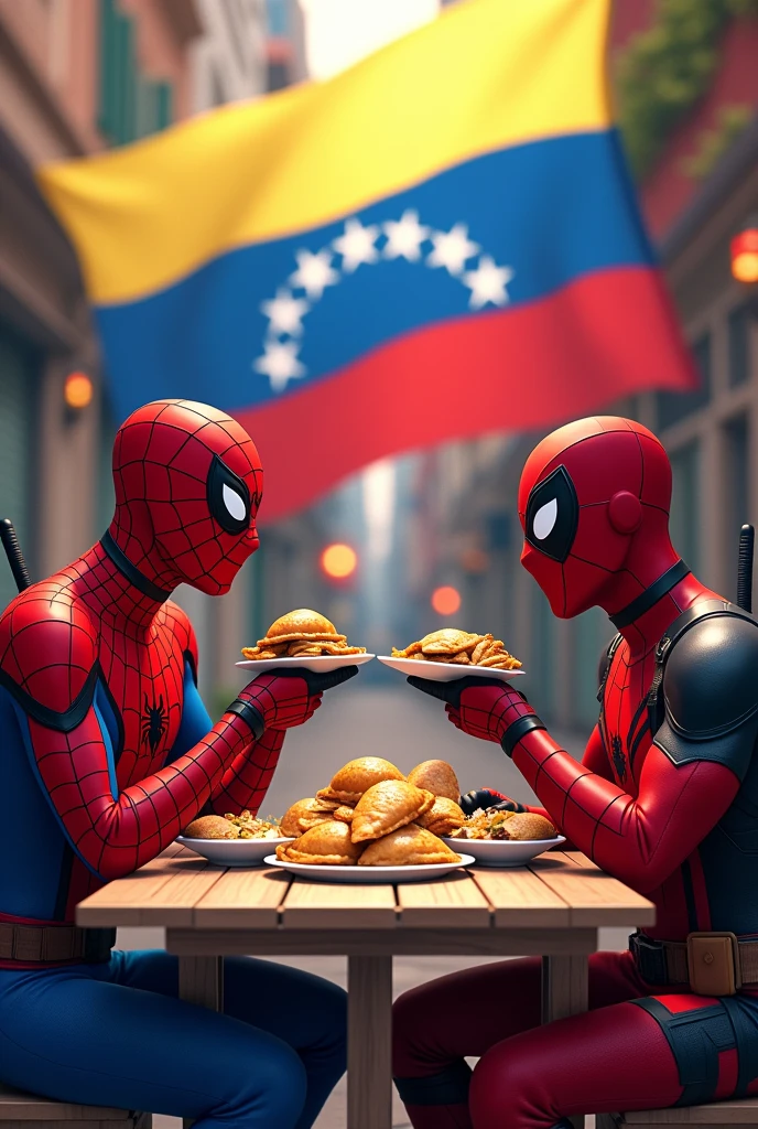 Spiderman and Deapool in Venezuela eating empanadas with Nick and Charly with the flag 
