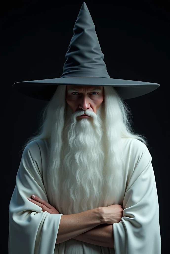 Realistic White Wizard Face, magician, Wizard, co.m pointy witchcraft hat, aura branca, black backdrop