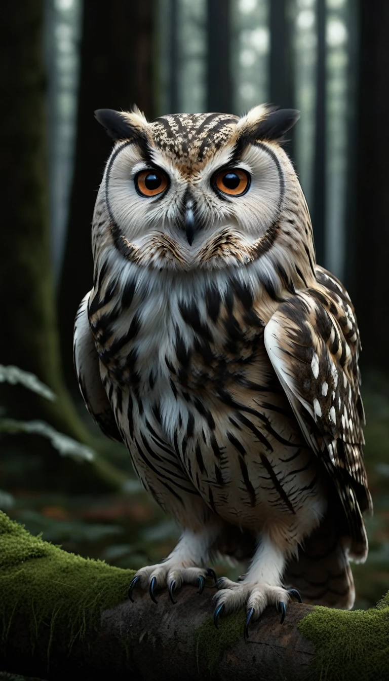 Panorama，Owl with a human face in the forest(best quality，4K，8k，High level，masterpiece：1.2），Ultra Detailed，（lifelike，Photo real，Photo real：1.37），Highly detailed animals，Complex patterns，Realistic lighting