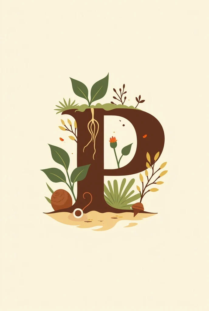 create a logo for a phosphorus in soil event using a P, try to use brown or terracotta and cream colors, place a few plants or items of the type such as roots and soil next to the P