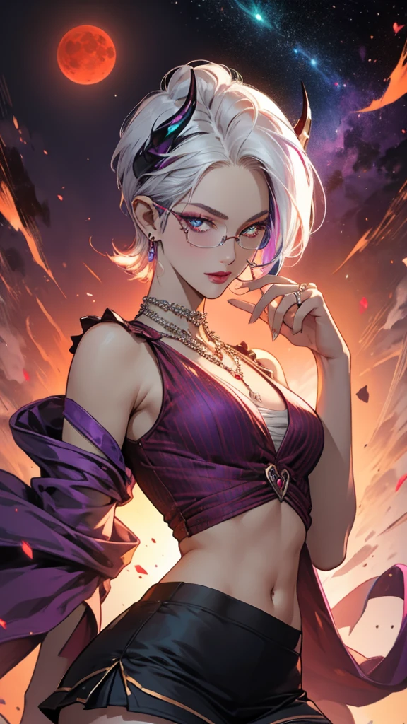 8k, masterpiece, best quality, highly detailed, 1 girl, tiefling, warlock, multicolored hair, very short straight hair green highlight hair on white hair, strippled hair, wearing glasses, round glasses, earrings, red eyeshadow, long eyelashes,navel piercing, blushed cheek, necklace, collarbone, mole, glamorous, purple and teal clothing, villainy, smirk, seductive face, halfbody view, rings, looking at viewer, demon horns, solo, antique dress, ballroom, palace, blue pale moon, sitting, tomboyish