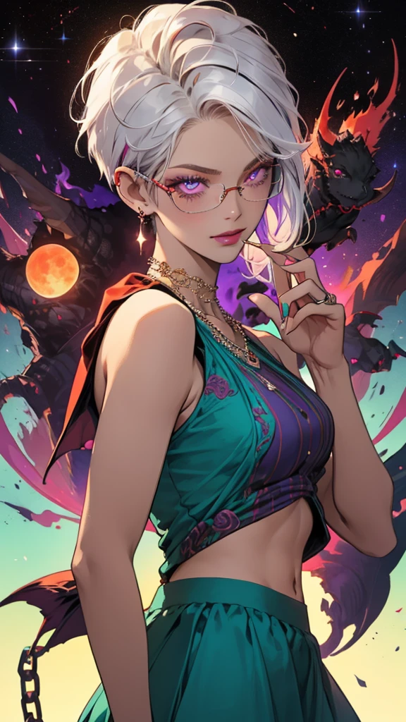 8k, masterpiece, best quality, highly detailed, 1 girl, tiefling, warlock, pixie cut, multicolored hair, very short straight hair red highlight hair on white hair, strippled hair, wearing glasses, round glasses, earrings, navel piercing, red eyeshadow, long eyelashes, blushed cheek, red lips, pearl necklace, rings, collarbone, mole on face, glamorous, teal and purple clothes, sleeveless, miniskirt, smirk, close up view, rings, looking at viewer, demon horns, solo, milky way, starry sky, blood red moon, standing, chains on the background.