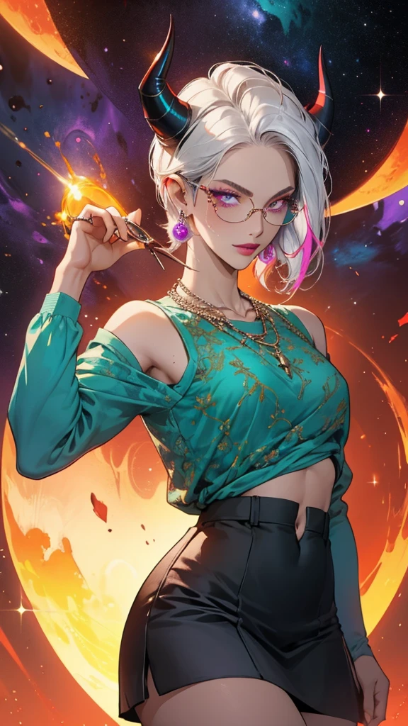 8k, masterpiece, best quality, highly detailed, 1 girl, tiefling, warlock, pixie cut, multicolored hair, very short straight hair red highlight hair on white hair, strippled hair, wearing glasses, round glasses, earrings, navel piercing, red eyeshadow, long eyelashes, blushed cheek, red lips, pearl necklace, rings, collarbone, mole on face, glamorous, teal and purple clothes, sleeveless, miniskirt, smirk, close up view, rings, looking at viewer, demon horns, solo, milky way, starry sky, blood red moon, standing, chains on the background.
