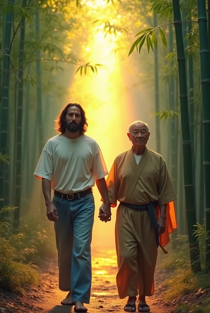 Viewed from above. Jesus Christ and a Japanese man walking through a bamboo forest in Kyoto. they are shining. Surrounded by rainbow-colored light. Jesus is wearing a white T-shirt and blue jeans. Jesus of Nazareth is depicted as a gentle, gentle man with shoulder-length hair. His wavy brown hair cascades over his shoulders. His face conveys deep wisdom and empathy, radiating warmth and understanding. The other man is depicted as a kind-hearted Japanese man with a Buddha-like shaved head and a gentle, cheerful expression. The Japanese man's face conveys deep wisdom and empathy, and as he guides Jesus with his hands, he radiates warmth and understanding. Photography, close-up, highly detailed, trending at the art station, sharp focus, studio shot, intricate details, Greg Rutkowski,