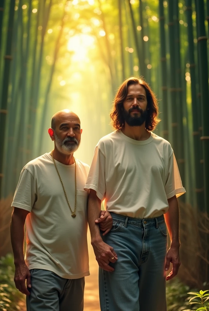 Viewed from above. Jesus Christ and a Japanese man walking through a bamboo forest in Kyoto. they are shining. Surrounded by rainbow-colored light. Jesus is wearing a white T-shirt and blue jeans. Jesus of Nazareth is depicted as a gentle, gentle man with shoulder-length hair. His wavy brown hair cascades over his shoulders. His face conveys deep wisdom and empathy, radiating warmth and understanding. The other man is depicted as a kind-hearted Japanese man with a Buddha-like shaved head and a gentle, cheerful expression. The Japanese man's face conveys deep wisdom and empathy, and as he guides Jesus with his hands, he radiates warmth and understanding. Photography, close-up, highly detailed, trending at the art station, sharp focus, studio shot, intricate details, Greg Rutkowski,