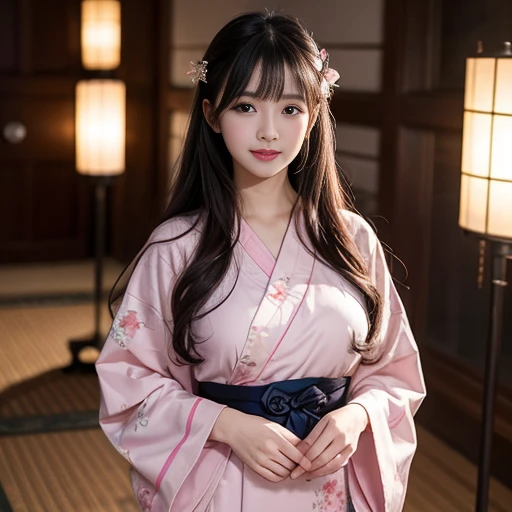 best quality, Delicate face,beautiful visual work, lifelike, eternity, black hair, Long curly hair, blunt bangs, Smile, Detailed Background, Delicate face,blush,cold,((masterpiece))、(top quality)、8k、high detail、Super detailed,41-year-old female,Wearing a yukata, masterpiece、born、Scenes resembling fairy tale illustrations、intricate details和複雜的設計、Beautifully、magic、capricious、 Beautifully、Dream aesthetics、「𝓡𝓸𝓶𝓪𝓷𝓽𝓲𝓬、ethereal、charming、fickle、magic」、realism、Visual effects、FXAA、SSAO、Shader、voiceless、ambient lighting、Tone mapping、High resolution、Ultra high quality、Million pixels、(8K resolution:1.10)、8k、8k以下、8K resolution、high detail、intricate details, (high quality:1.2、masterpiece:1.2、:1.21)、(41-year-old female:1.21)、(興奮地Smile)、(Surrounded by a dreamy atmosphere、Model diagram,full-body shot,Normal 2 feet,Put your hands behind you,The protrusion of the breast is visible when wearing clothes, Large Breasts, H cup chest, pink clothes, Don't show your fingers, full-body shot, full-body shot,full-body shot,full-body shot,full-body shot,full-body shot,full-body shot,full-body shot,hands hidden in clothes, hands hidden in clothes,hands hidden in clothes,hands hidden in clothes,hands hidden in clothes,hands hidden in clothes,hands hidden in clothes,hands hidden in clothes,hands hidden in clothes, ,hands hidden in sleeves ,hands hidden in sleeves ,hands hidden in sleeves ,hands hidden in sleeves ,hands hidden in sleeves ,hands hidden in sleeves ,hands hidden in sleeves ,hands hidden in sleeves, arms behind back, arms behind back,Pink and white yukata with flower pattern, Pink and white floral pattern yukata, Yukata with cherry blossom pattern on it, White yukata with cherry blossoms printed on it, In Sakura Tree Park, Maruyama Park in Japan is full of cherry blossoms