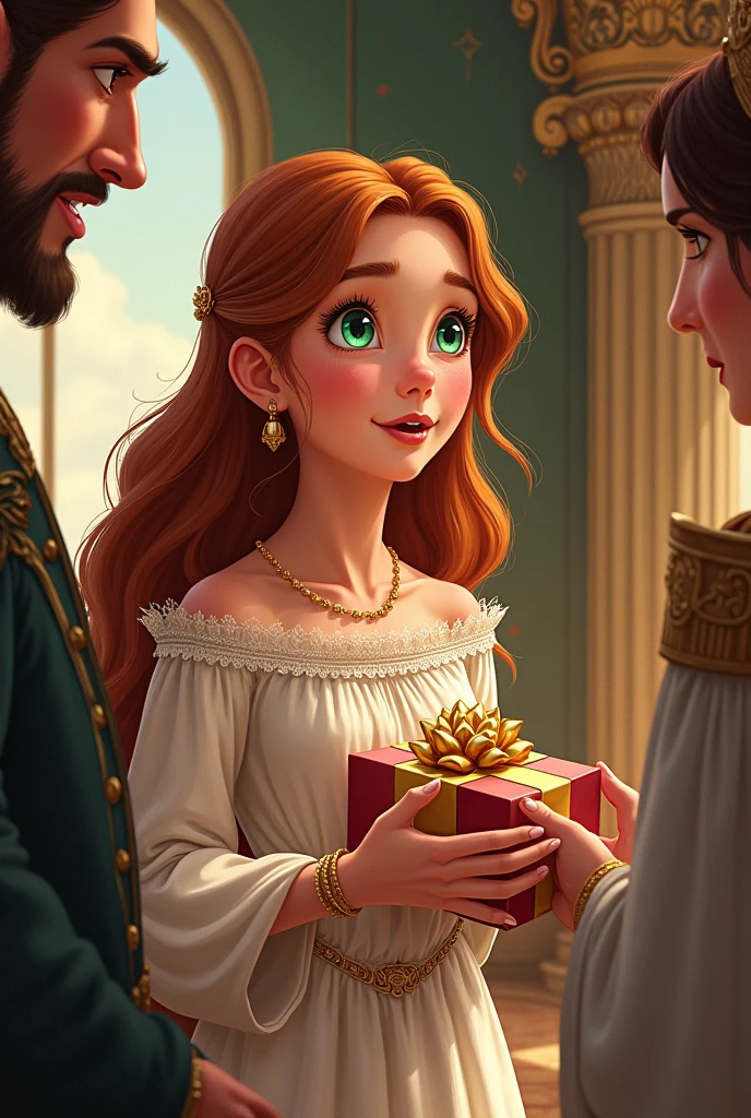Book drawing of a surprised bronze-haired, green-eyed princess receiving a gift from her parents ( the king and the queen) inside a castle full body drawing