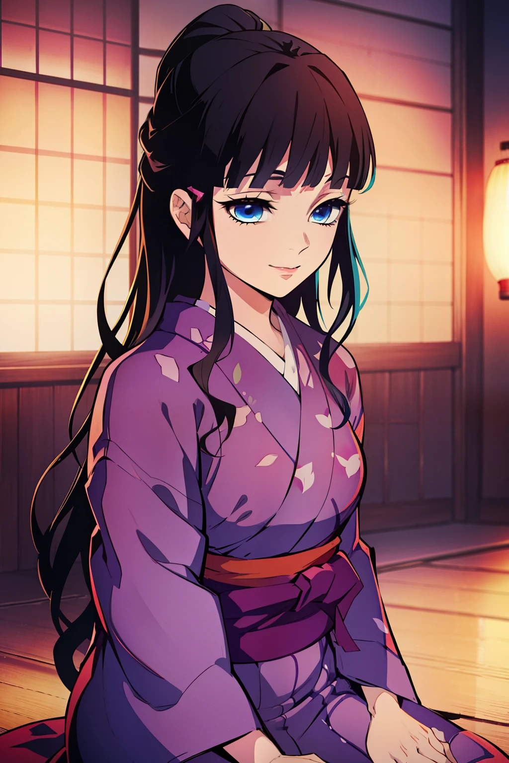 (high-quality, breathtaking),(expressive eyes, perfect face) (((yukata, sexy lips)), 1girl, female, solo, young adult, dark brown hair, blue coloured eyes, stylised hair, gentle smile, long length hair, loose hair, side bangs, tied up, japanese clothing, elegant, soft make up, hair pin accessory in hair, demon slayer art style